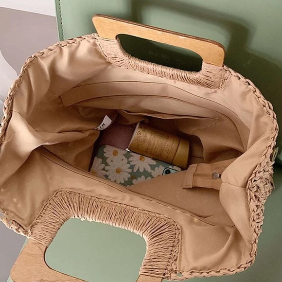 Boho Straw Large Tote top Handle Bag - Picture 5 of 14